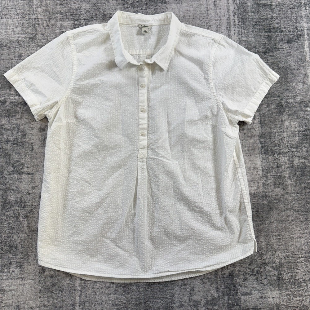 LL Bean Top Womens Large White Vacationland Popover Seersucker Shirt Coastal